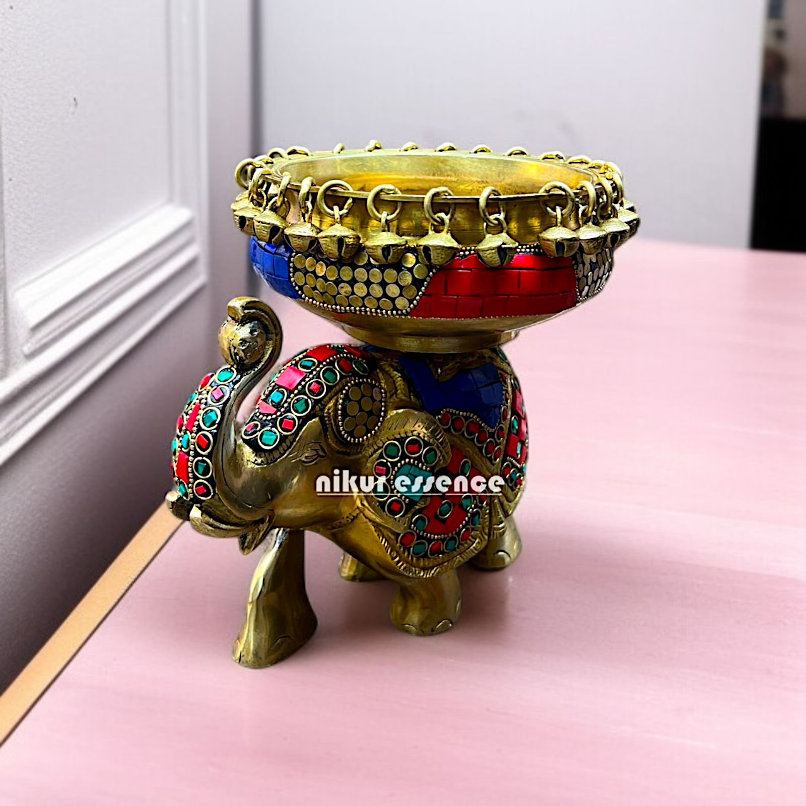 Brass Elephant Urli Bowl with stone work - 7.5 Inches Nikuressence