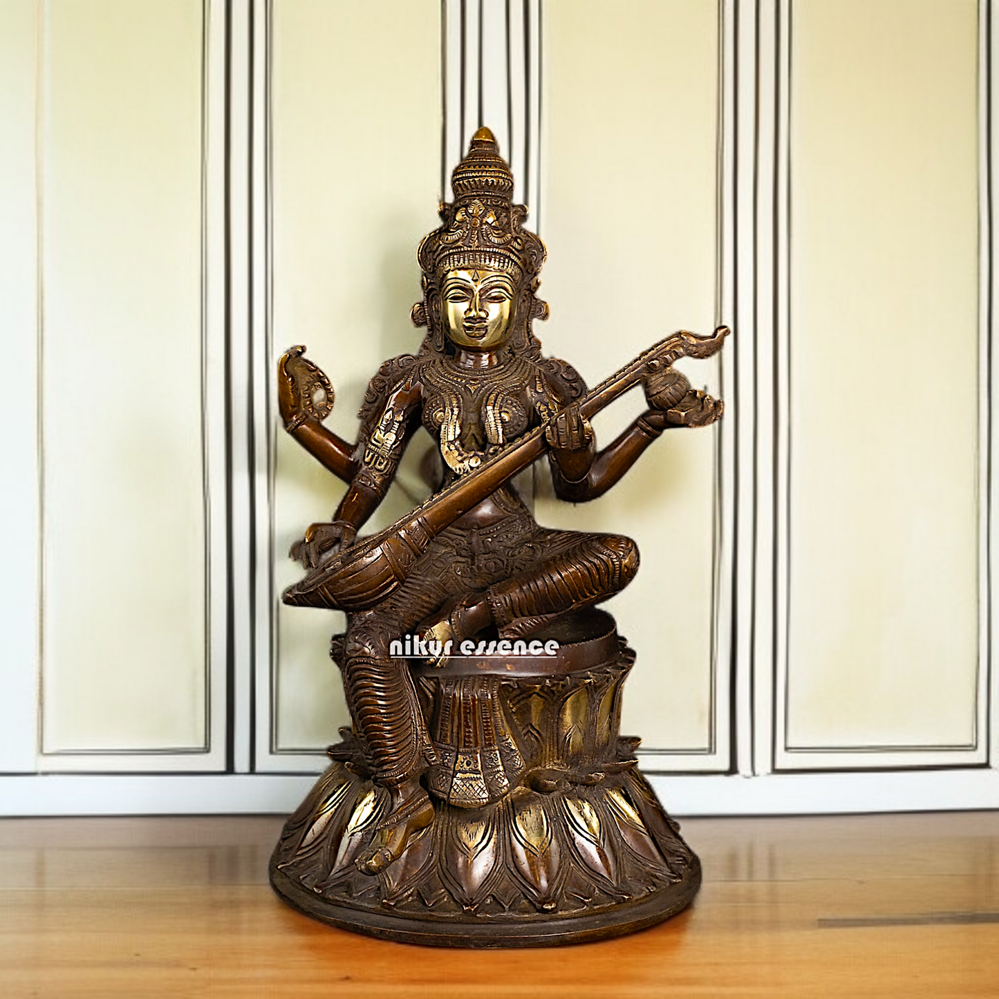 Brass Saraswati Maa Sitting with Playing Veena idol - 14 Inches Nikuressence