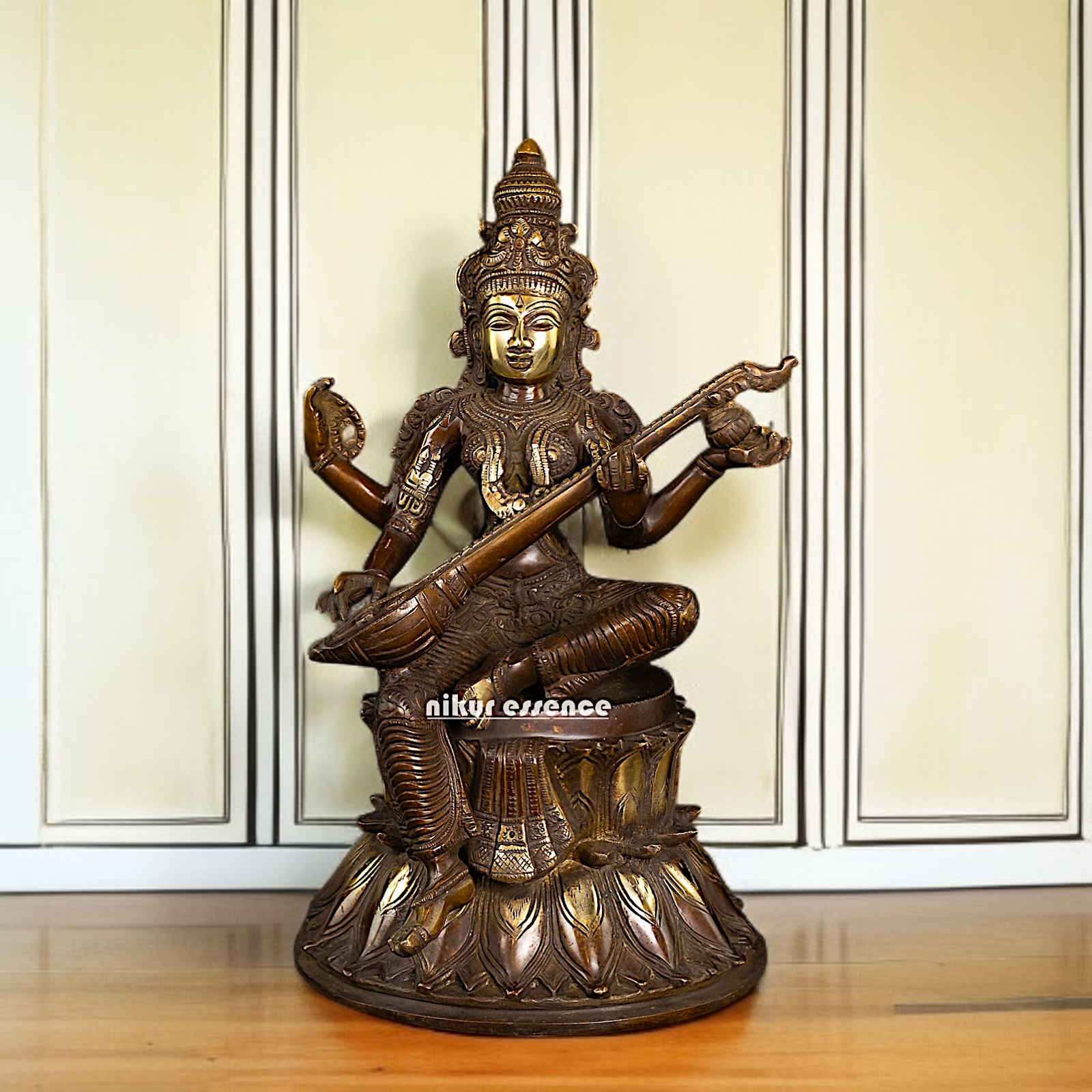 Brass Saraswati Maa Sitting with Playing Veena idol - 14 Inches Nikuressence