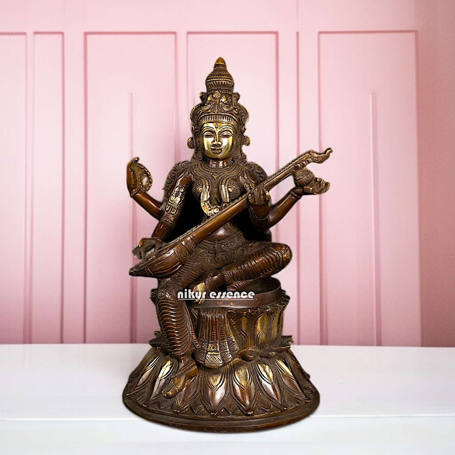 Brass Saraswati Maa Sitting with Playing Veena idol - 14 Inches Nikuressence
