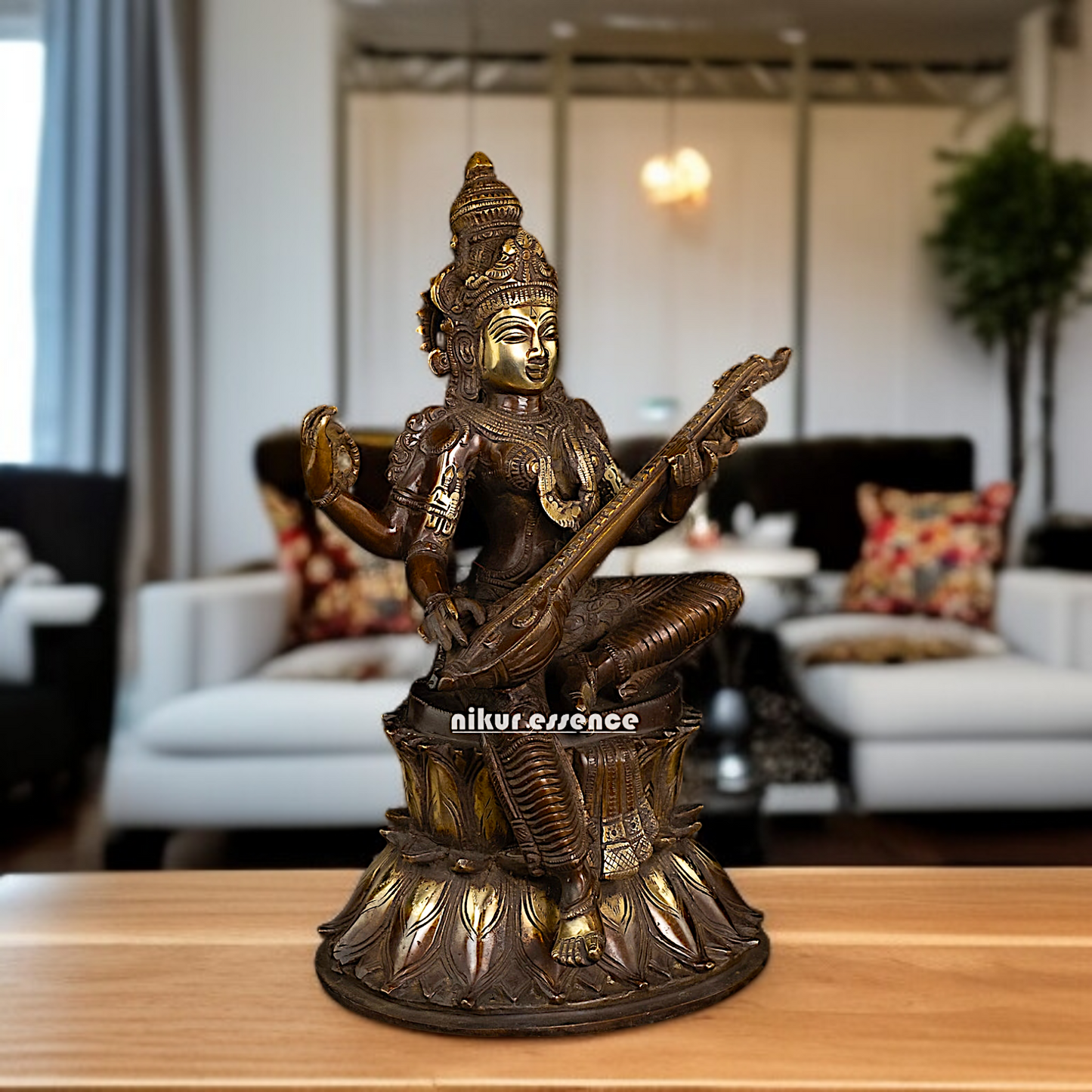 Brass Saraswati Maa Sitting with Playing Veena idol - 14 Inches Nikuressence