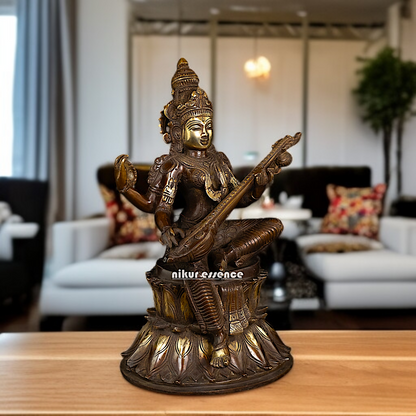 Brass Saraswati Maa Sitting with Playing Veena idol - 14 Inches Nikuressence
