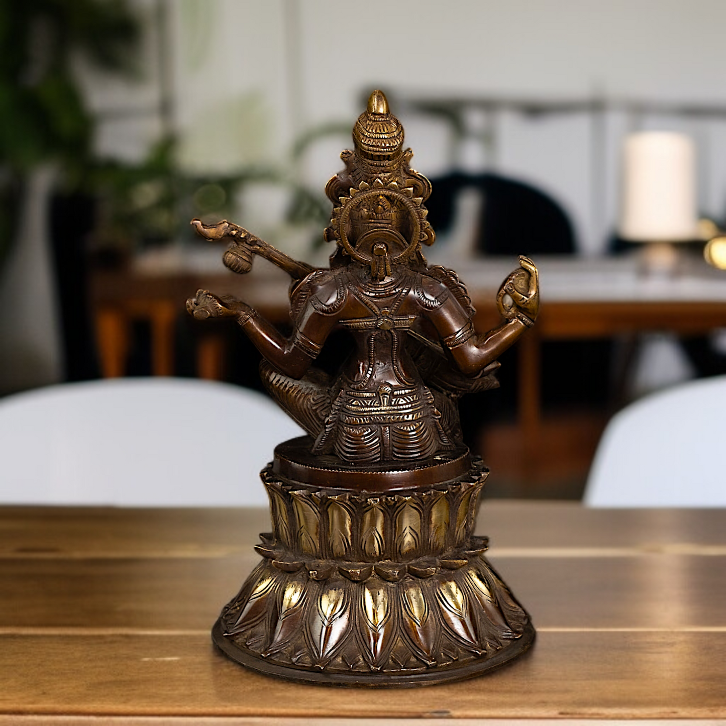 Brass Saraswati Maa Sitting with Playing Veena idol - 14 Inches Nikuressence
