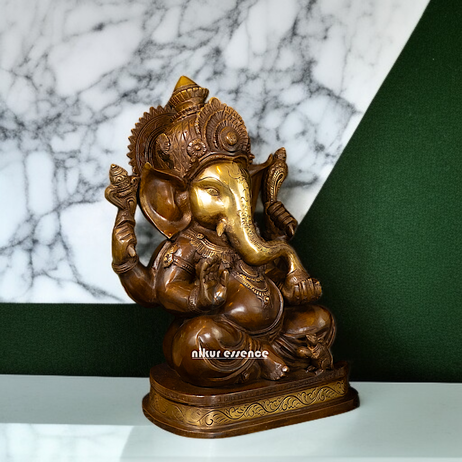 Ganesh Blessing seated with Four Armed Brass idol - 14 Inches Nikuressence