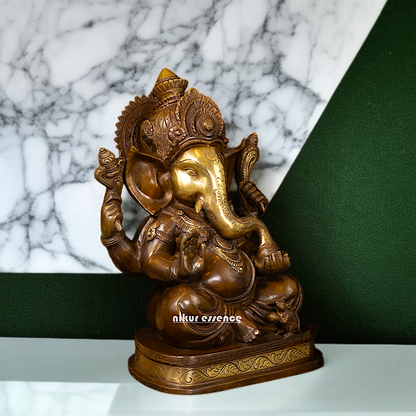 Ganesh Blessing seated with Four Armed Brass idol - 14 Inches Nikuressence