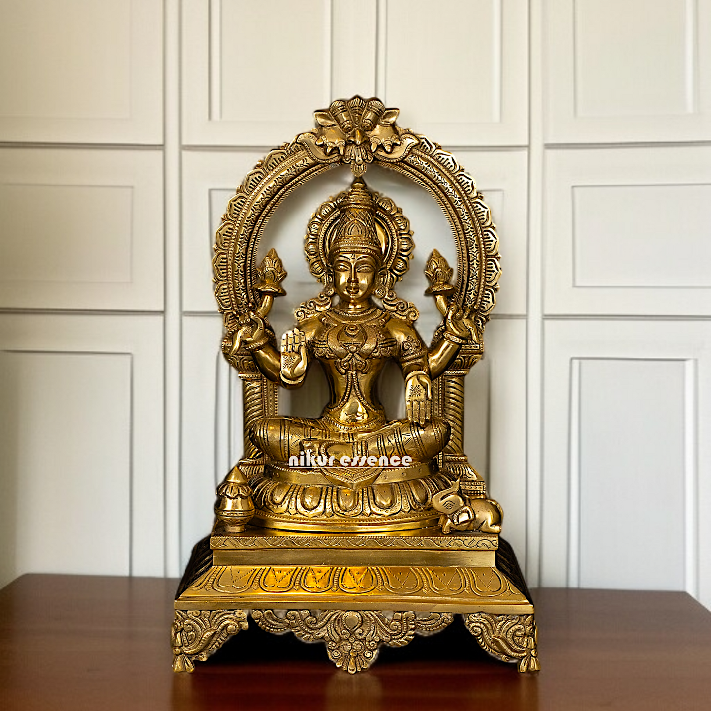 Mahalakshmi Seated on throne Blessing with four hand pure Brass idol - 17 Inches Nikuressence