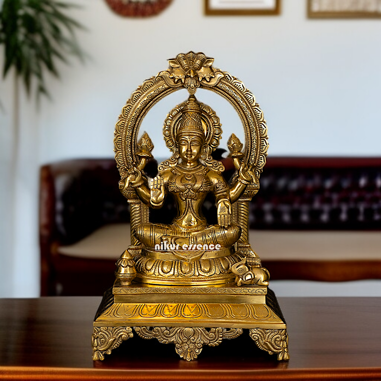 Mahalakshmi Seated on throne Blessing with four hand pure Brass idol - 17 Inches Nikuressence