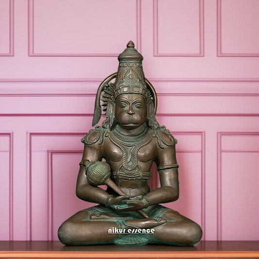 Brass Hanuman ji Sitting with Dhyan mudra Gada statue - 13 Inches Nikuressence