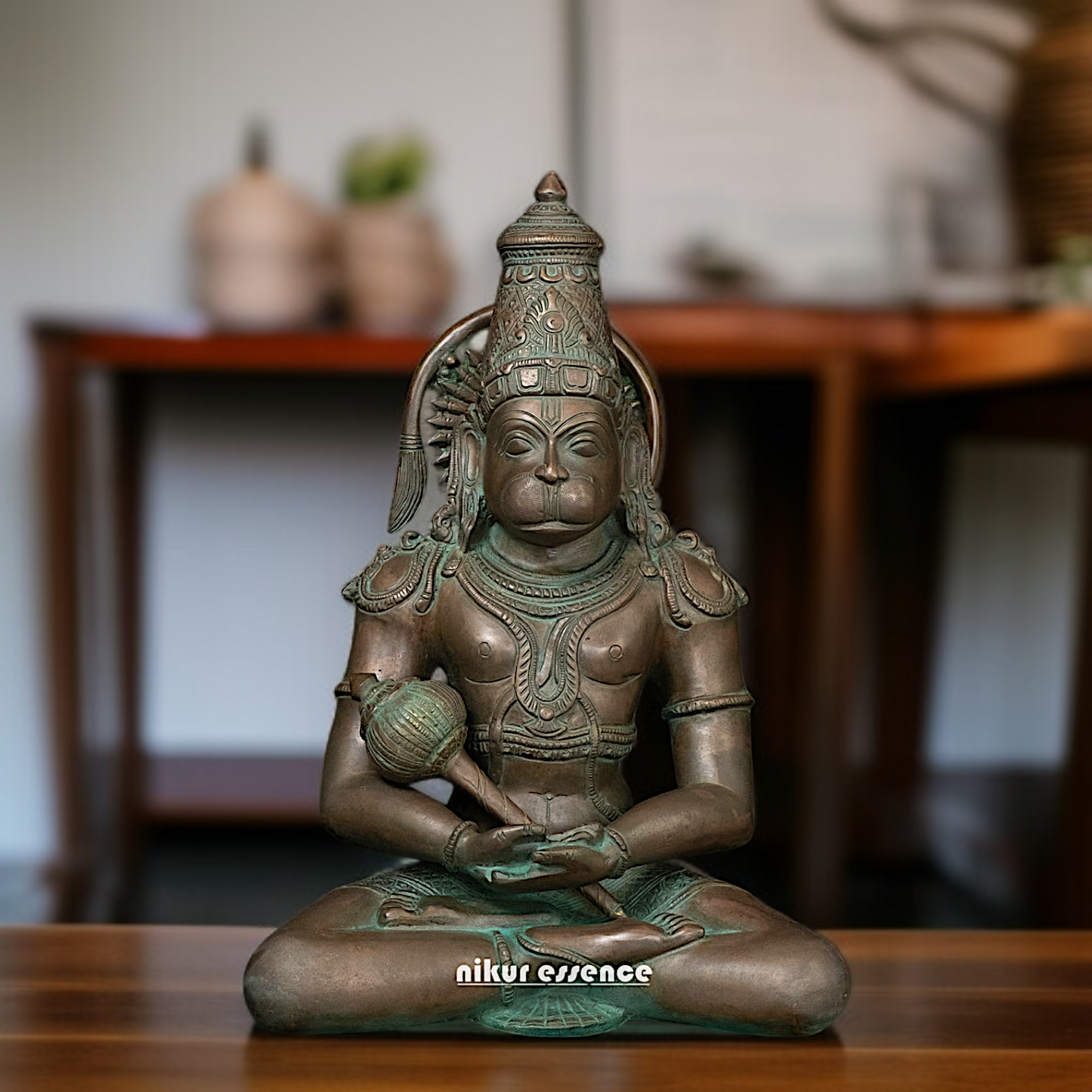 Brass Hanuman ji Sitting with Dhyan mudra Gada statue - 13 Inches Nikuressence