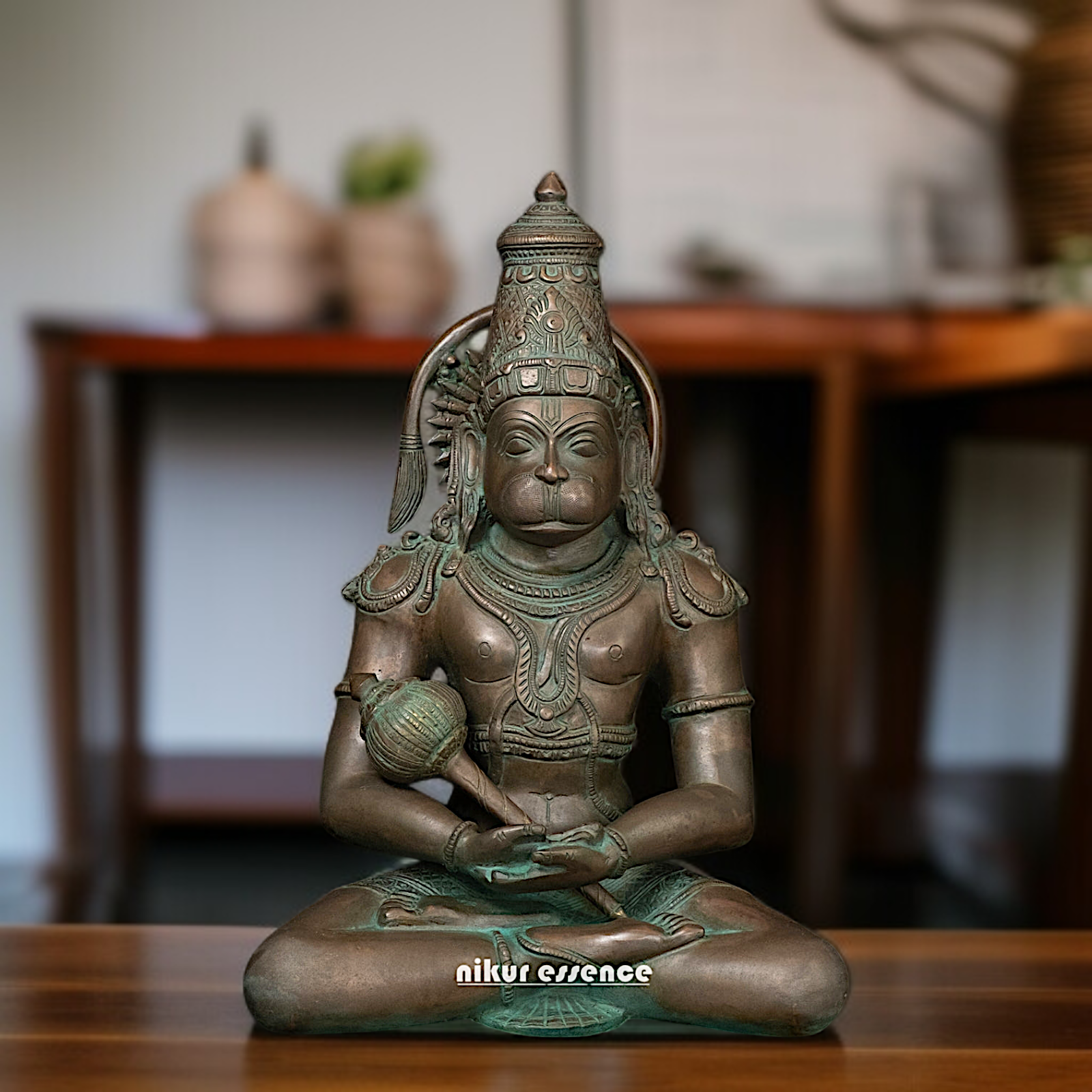 Brass Hanuman ji Sitting with Dhyan mudra Gada statue - 13 Inches Nikuressence