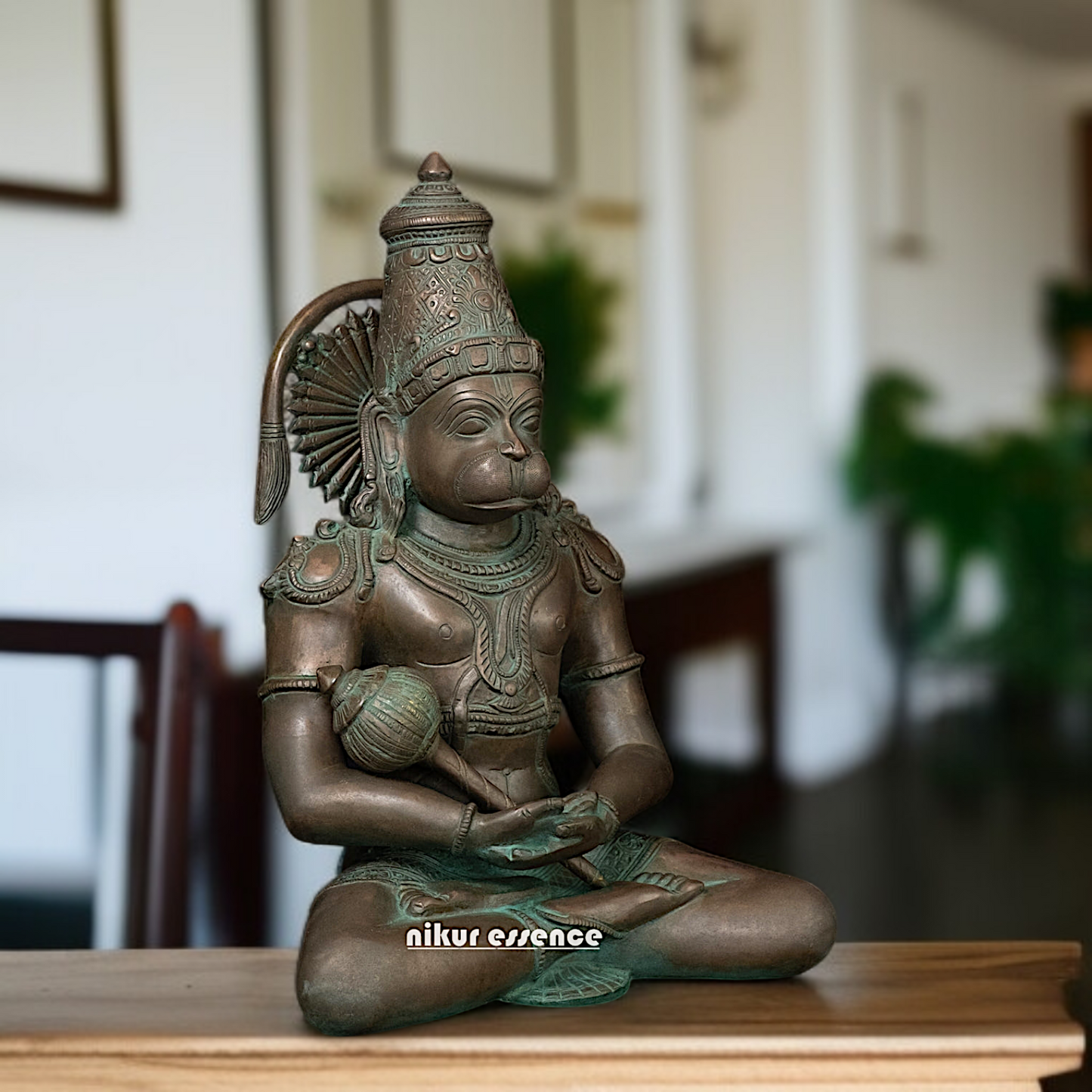 Brass Hanuman ji Sitting with Dhyan mudra Gada statue - 13 Inches Nikuressence
