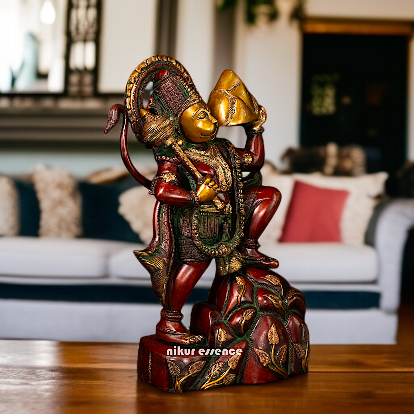 Lord Hanuman ji holding sanjeevni booti mountain brass idol - 16 Inches Nikuressence