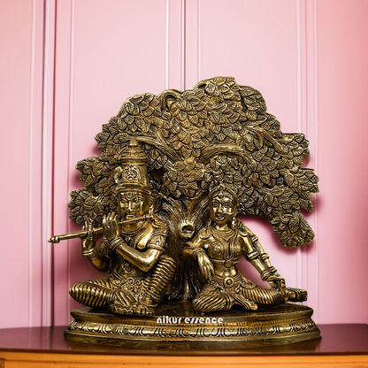 Solid Brass Radha krishna Seated with tree statue - 1 Feet Nikuressence