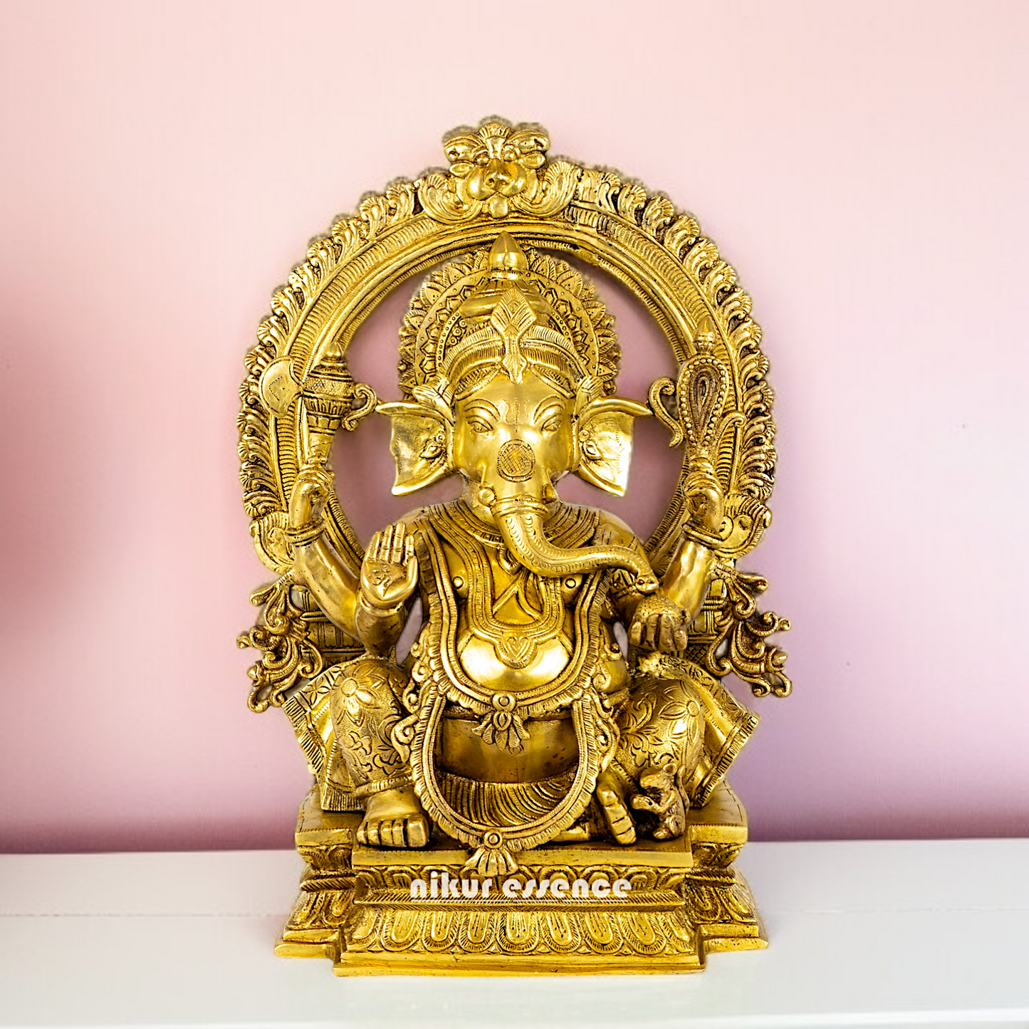 Pure Brass Ganesha Seated on throne kirtimukha statue - 18 Inches Nikuressence