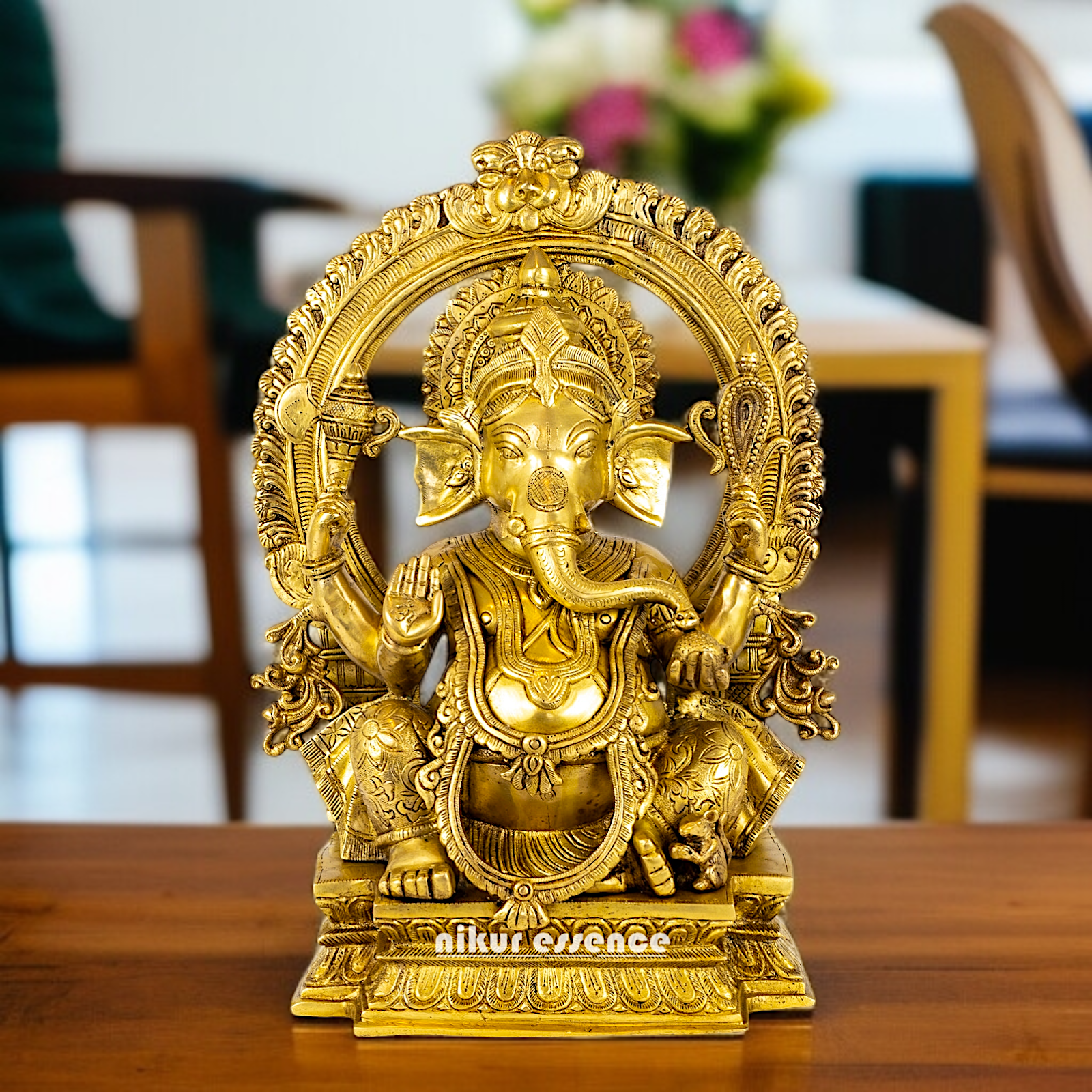 Pure Brass Ganesha Seated on throne kirtimukha statue - 18 Inches Nikuressence