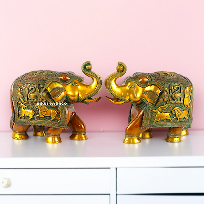 Brass Pair Elephant with stone work statue - 10.5 Inches Nikuressence