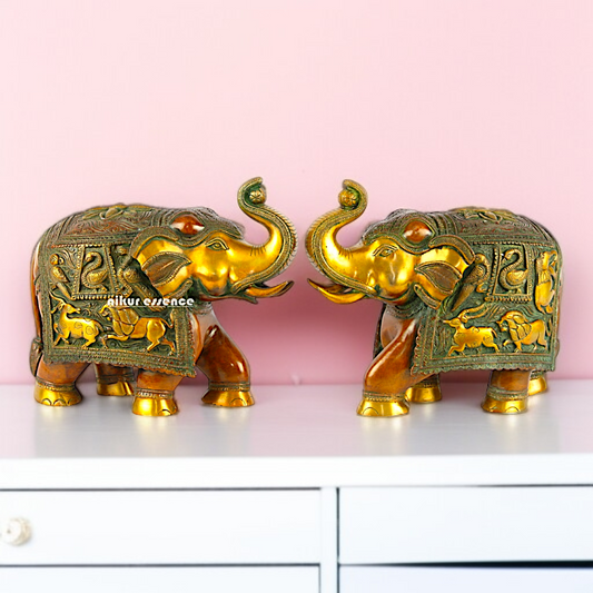 Brass Pair Elephant with stone work statue - 10.5 Inches Nikuressence