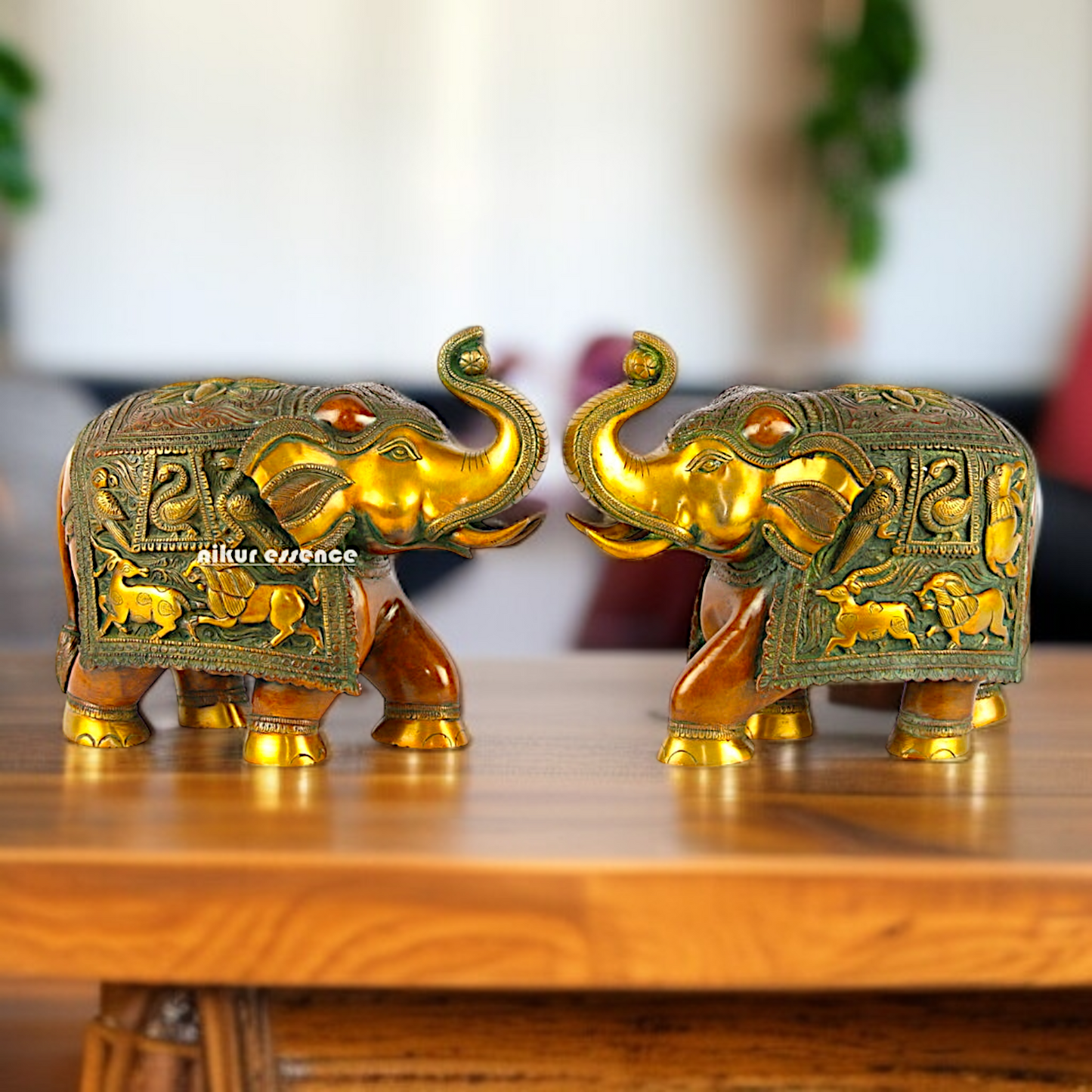 Brass Pair Elephant with stone work statue - 10.5 Inches Nikuressence