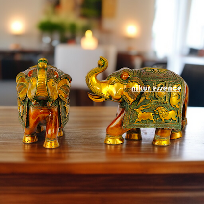 Brass Pair Elephant with stone work statue - 10.5 Inches Nikuressence