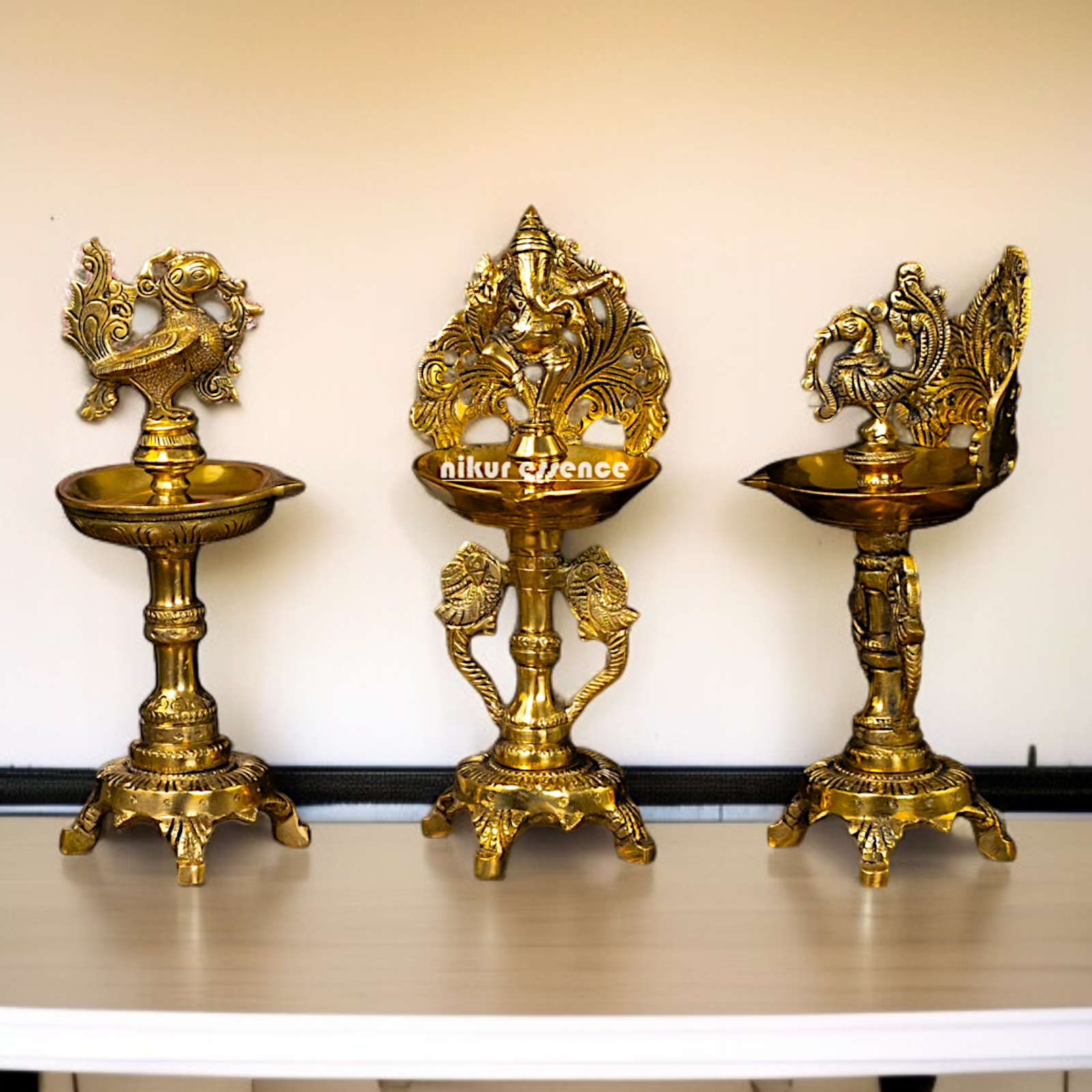 Ganesha and Pair Bird diya lamps Brass - 9 Inches Nikuressence