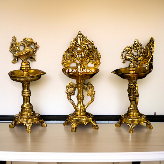 Ganesha and Pair Bird diya lamps Brass - 9 Inches Nikuressence