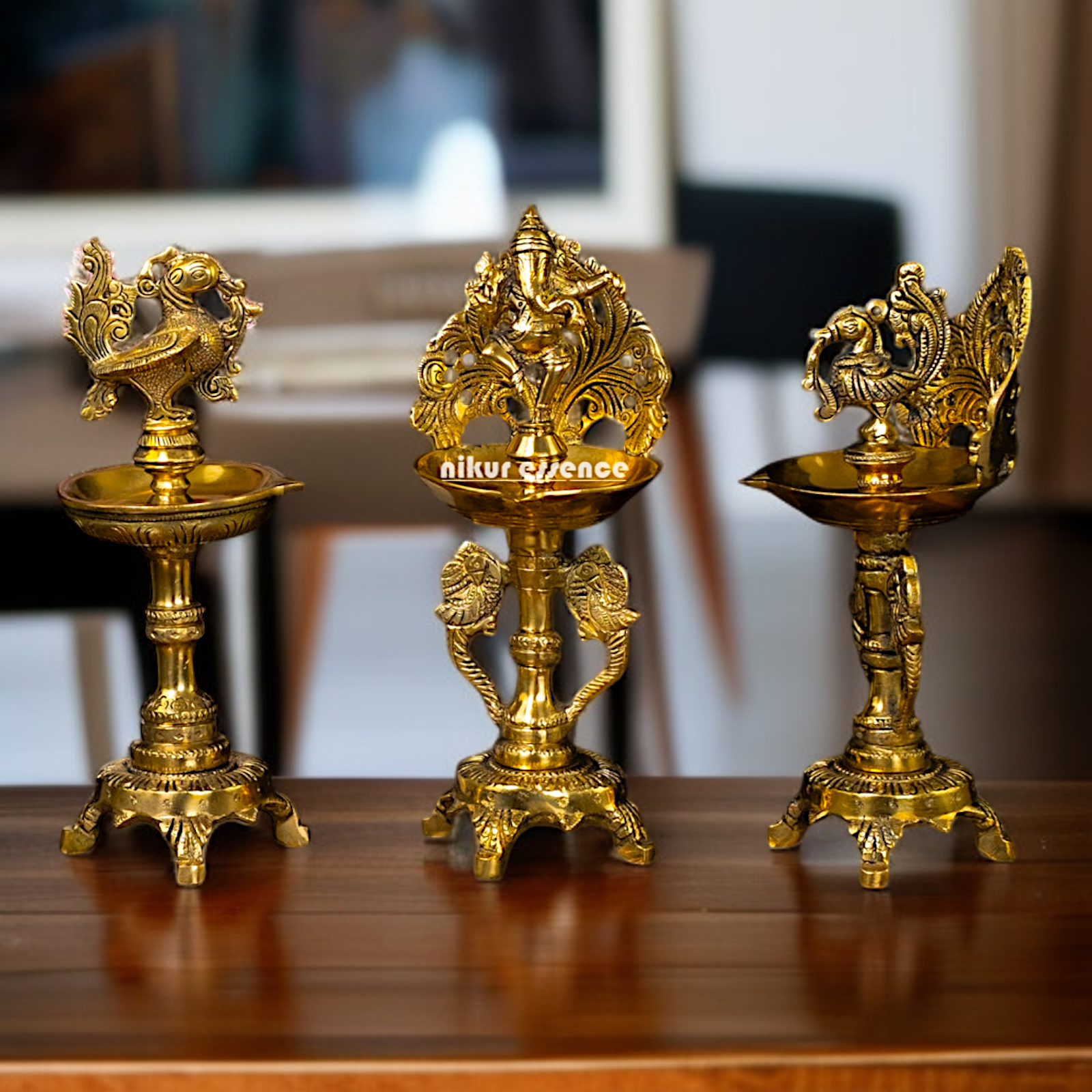 Ganesha and Pair Bird diya lamps Brass - 9 Inches Nikuressence