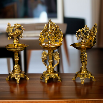 Ganesha and Pair Bird diya lamps Brass - 9 Inches Nikuressence