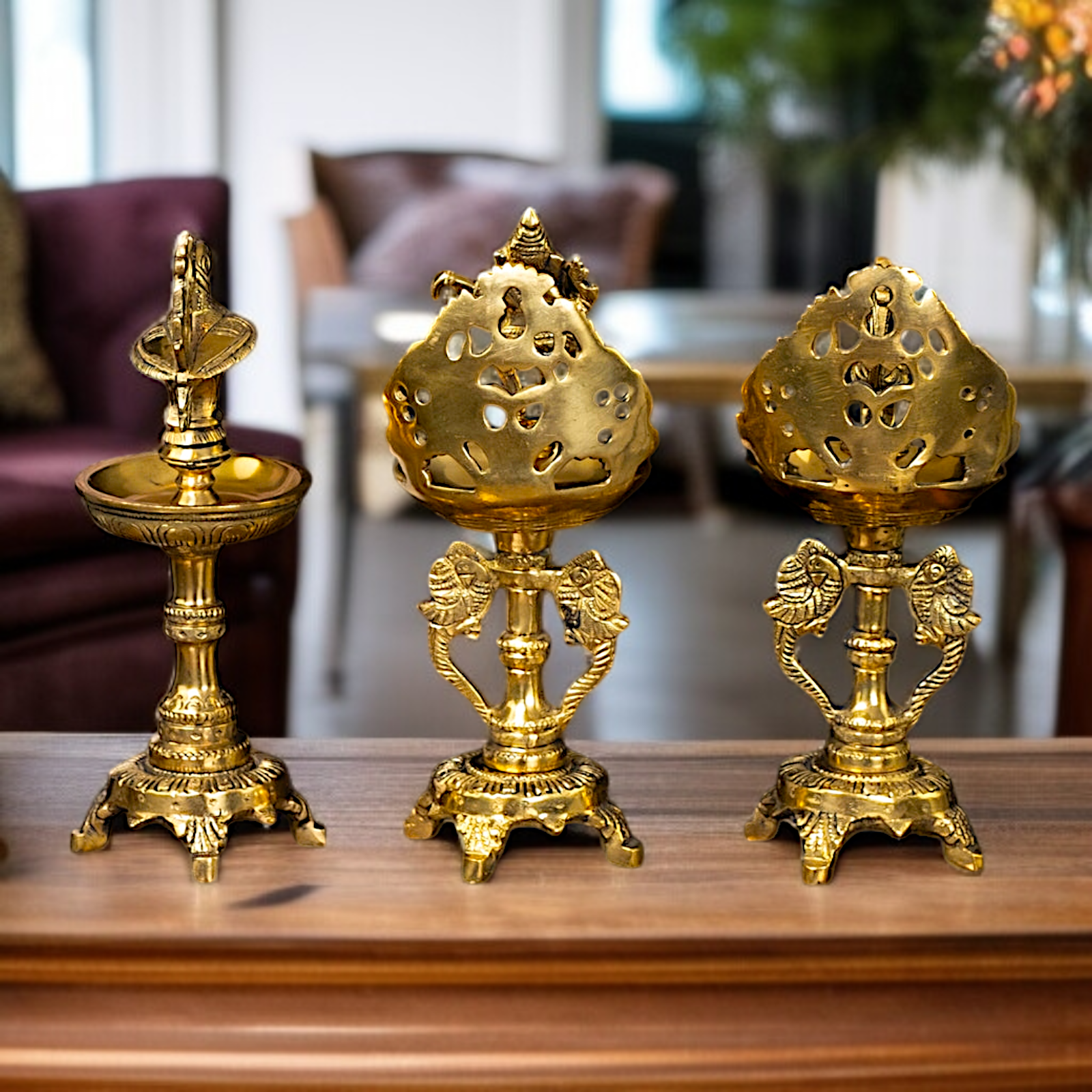 Ganesha and Pair Bird diya lamps Brass - 9 Inches Nikuressence