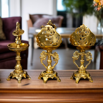 Ganesha and Pair Bird diya lamps Brass - 9 Inches Nikuressence