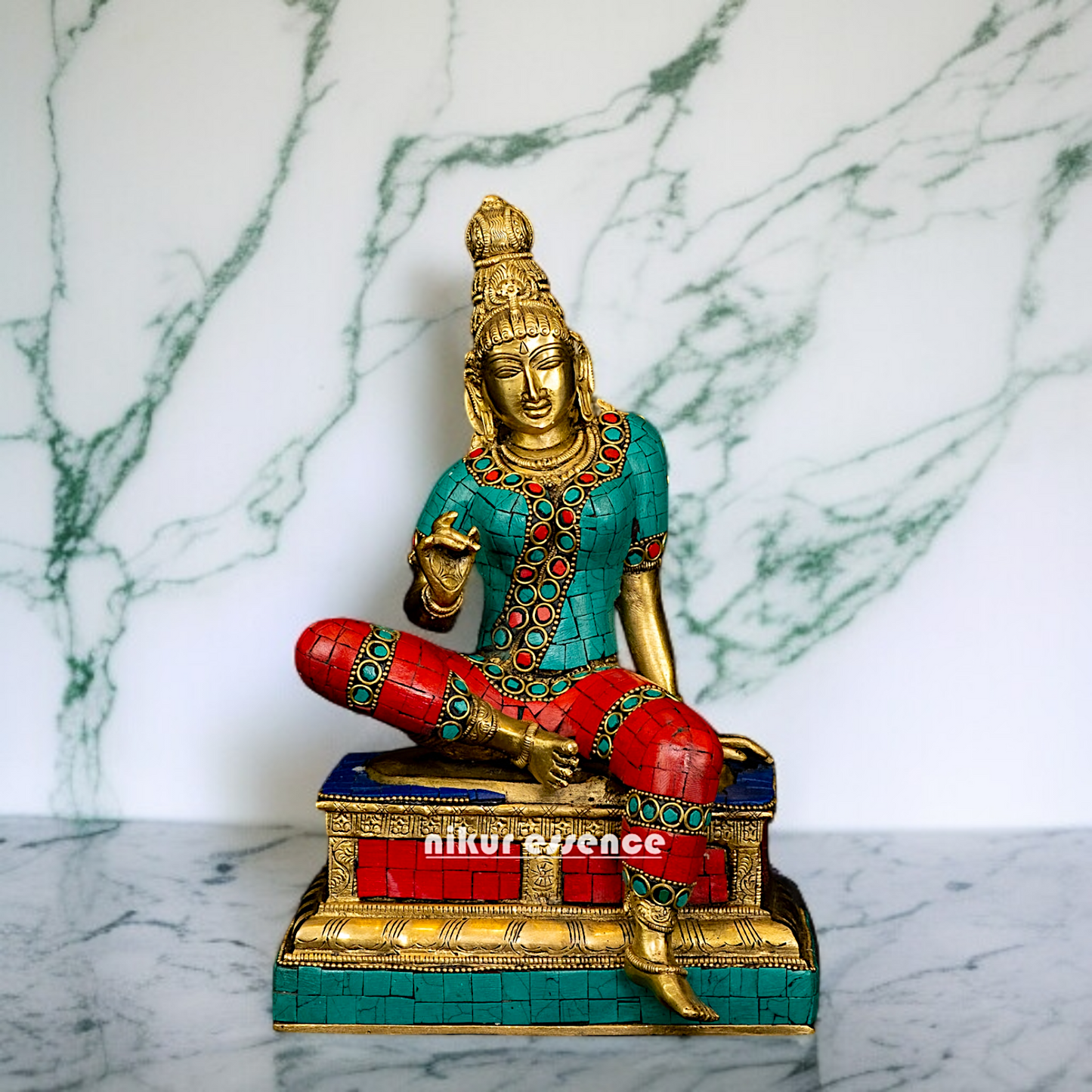 Parvati Devi seated with stone work Brass - 11 Inches Nikuressence