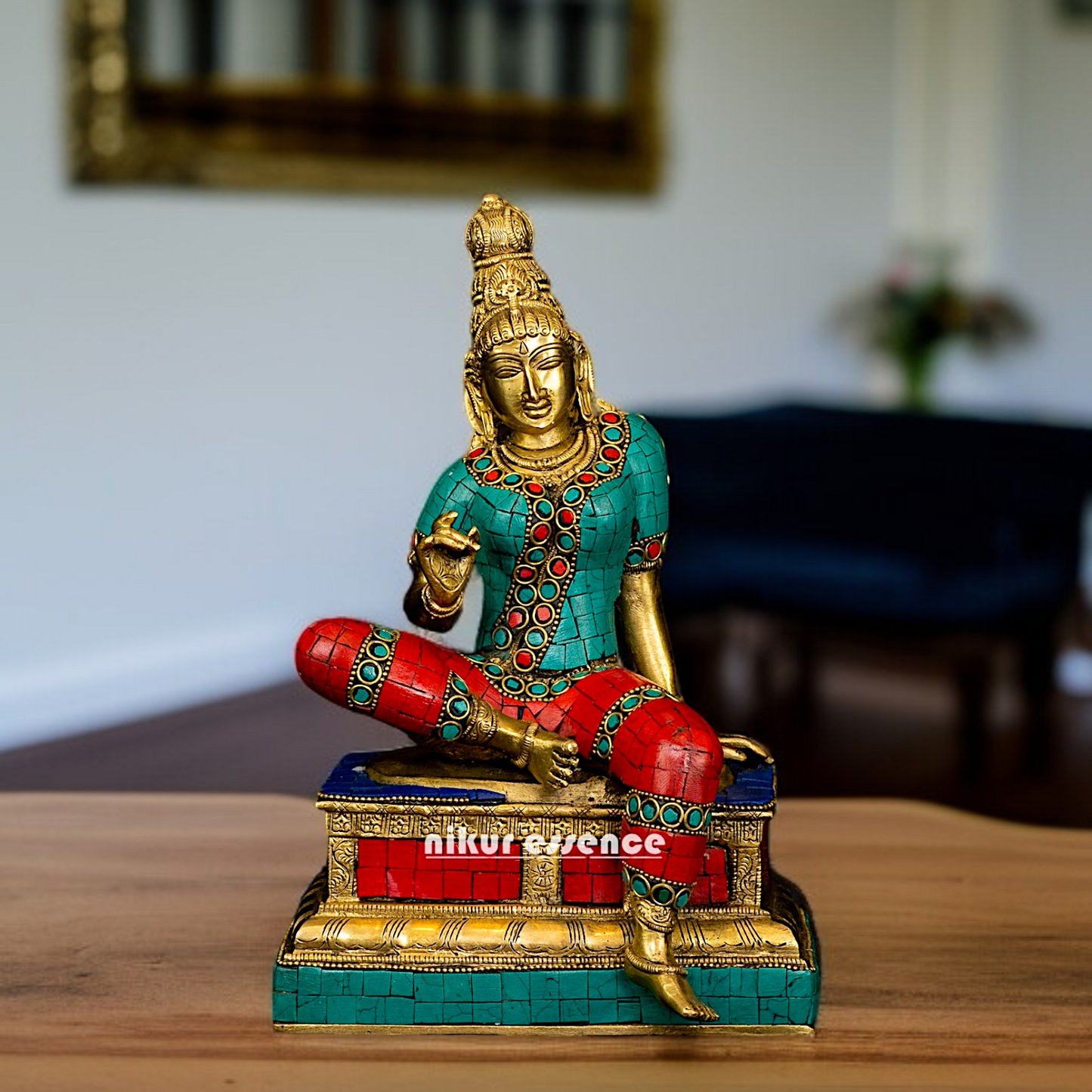 Parvati Devi seated with stone work Brass - 11 Inches Nikuressence