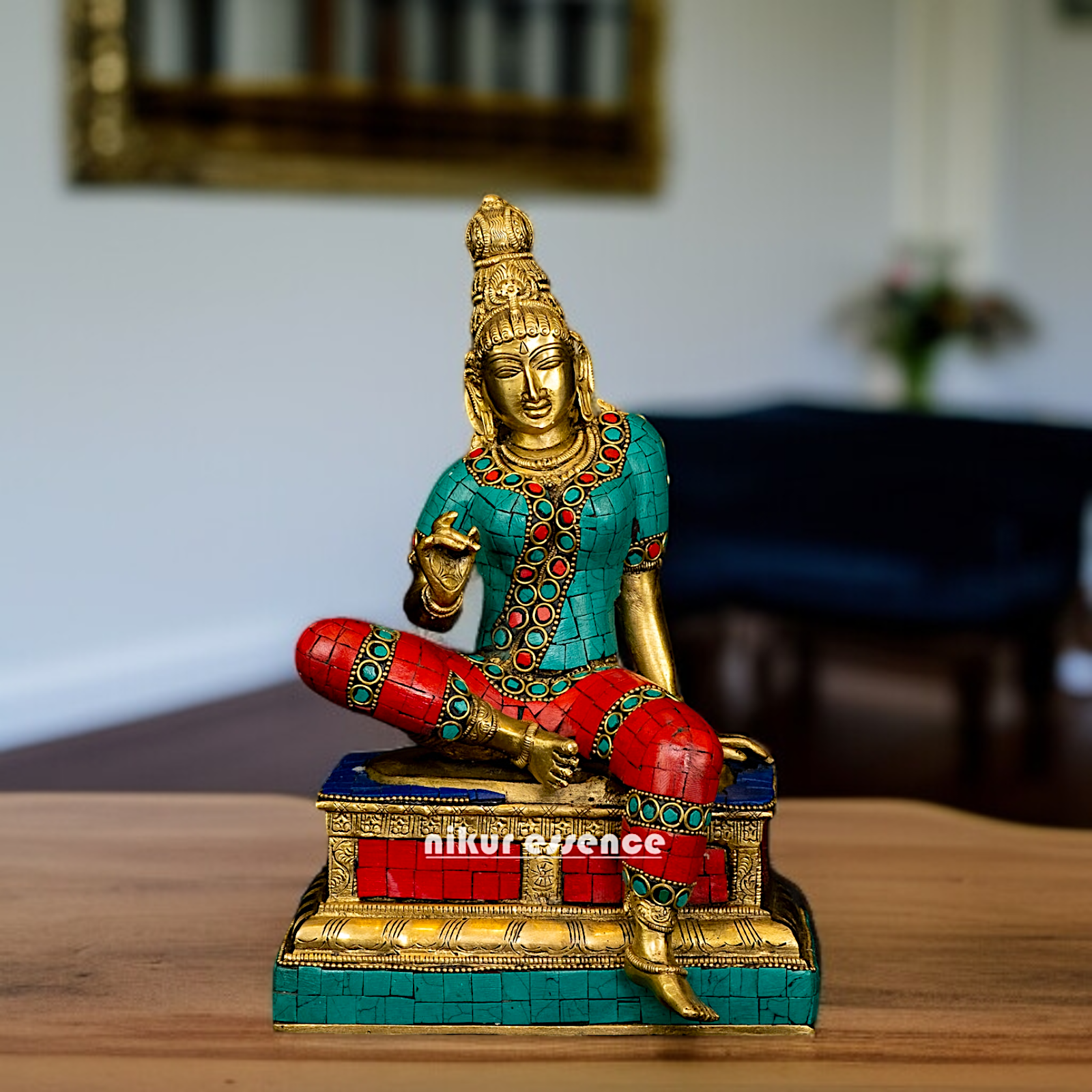Parvati Devi seated with stone work Brass - 11 Inches Nikuressence