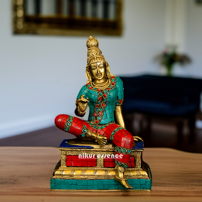 Parvati Devi seated with stone work Brass - 11 Inches Nikuressence