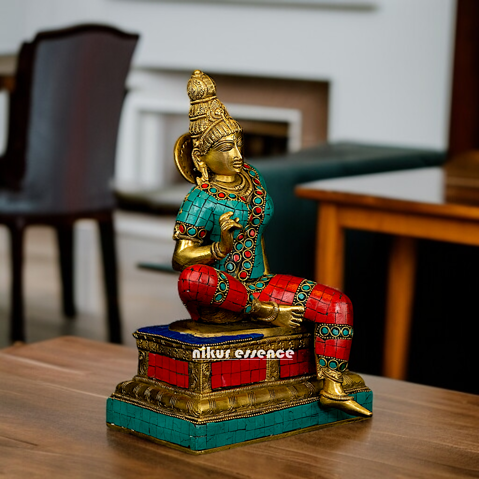 Parvati Devi seated with stone work Brass - 11 Inches Nikuressence