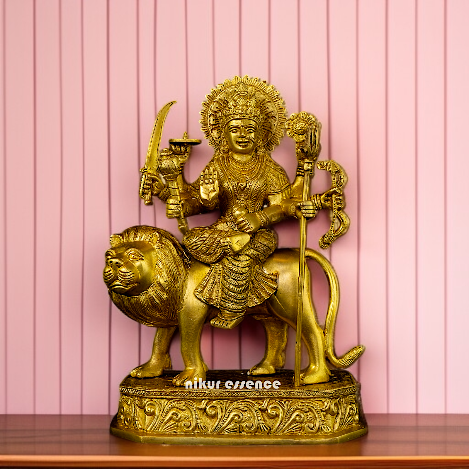 Solid Brass Durga Sherawali Maa Devi Seated on lion statue - 12 Inches Nikuressence