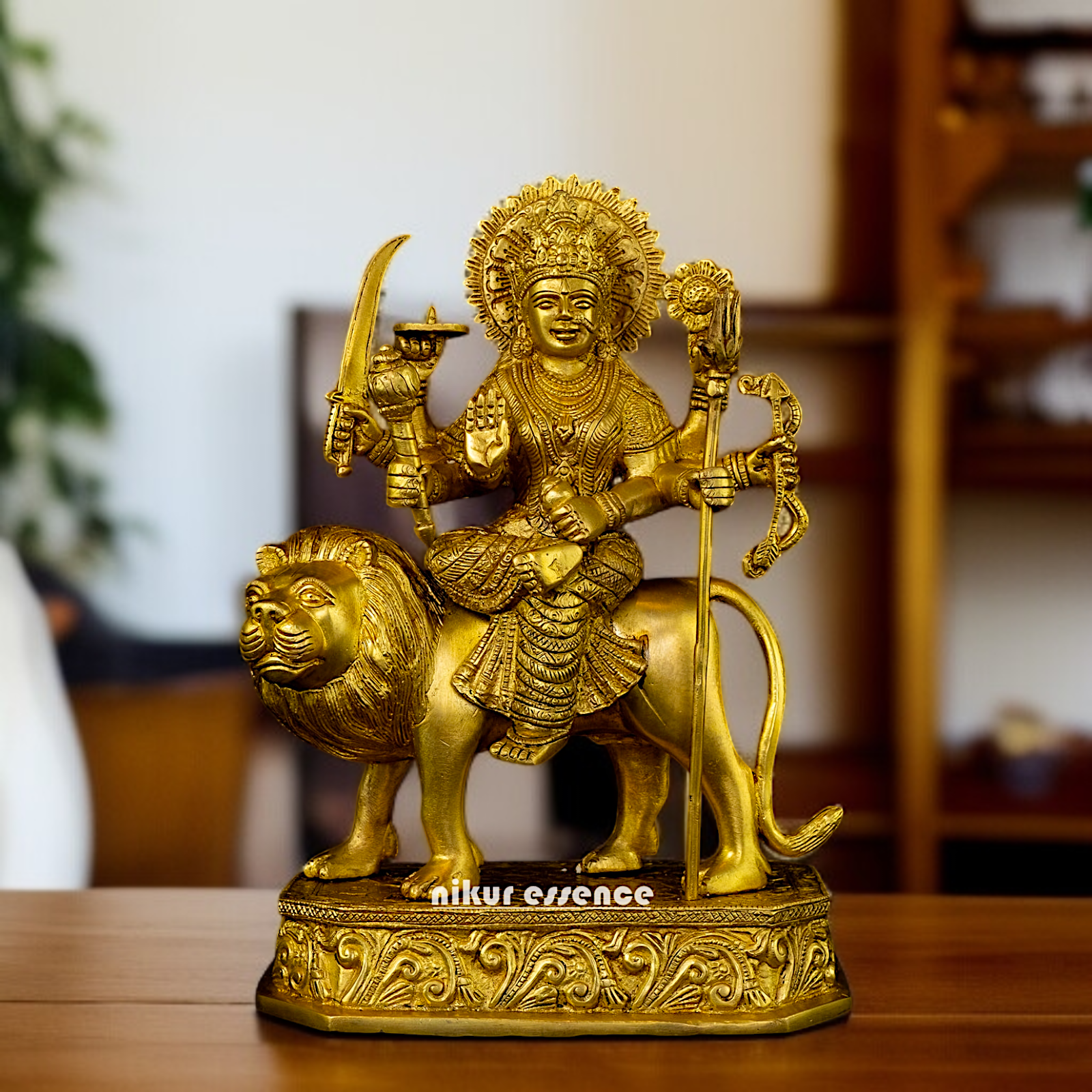 Solid Brass Durga Sherawali Maa Devi Seated on lion statue - 12 Inches Nikuressence