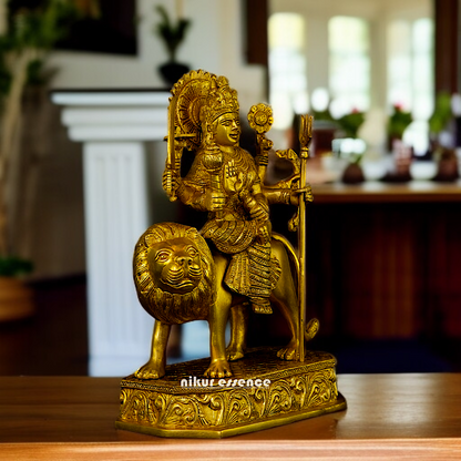 Solid Brass Durga Sherawali Maa Devi Seated on lion statue - 12 Inches Nikuressence