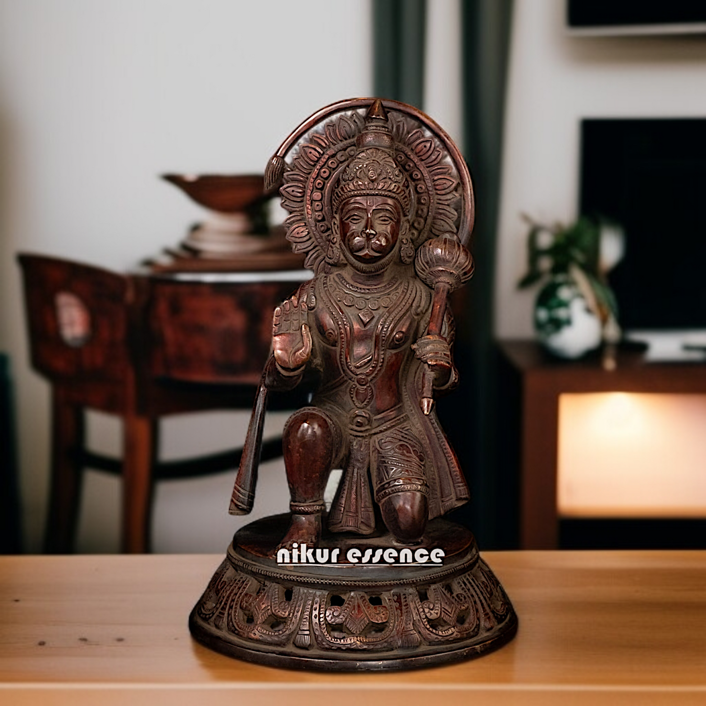 Brass Hanuman ji Sankat Mochan Seated with Blessing and holding Gada - 11 Inches Nikuressence