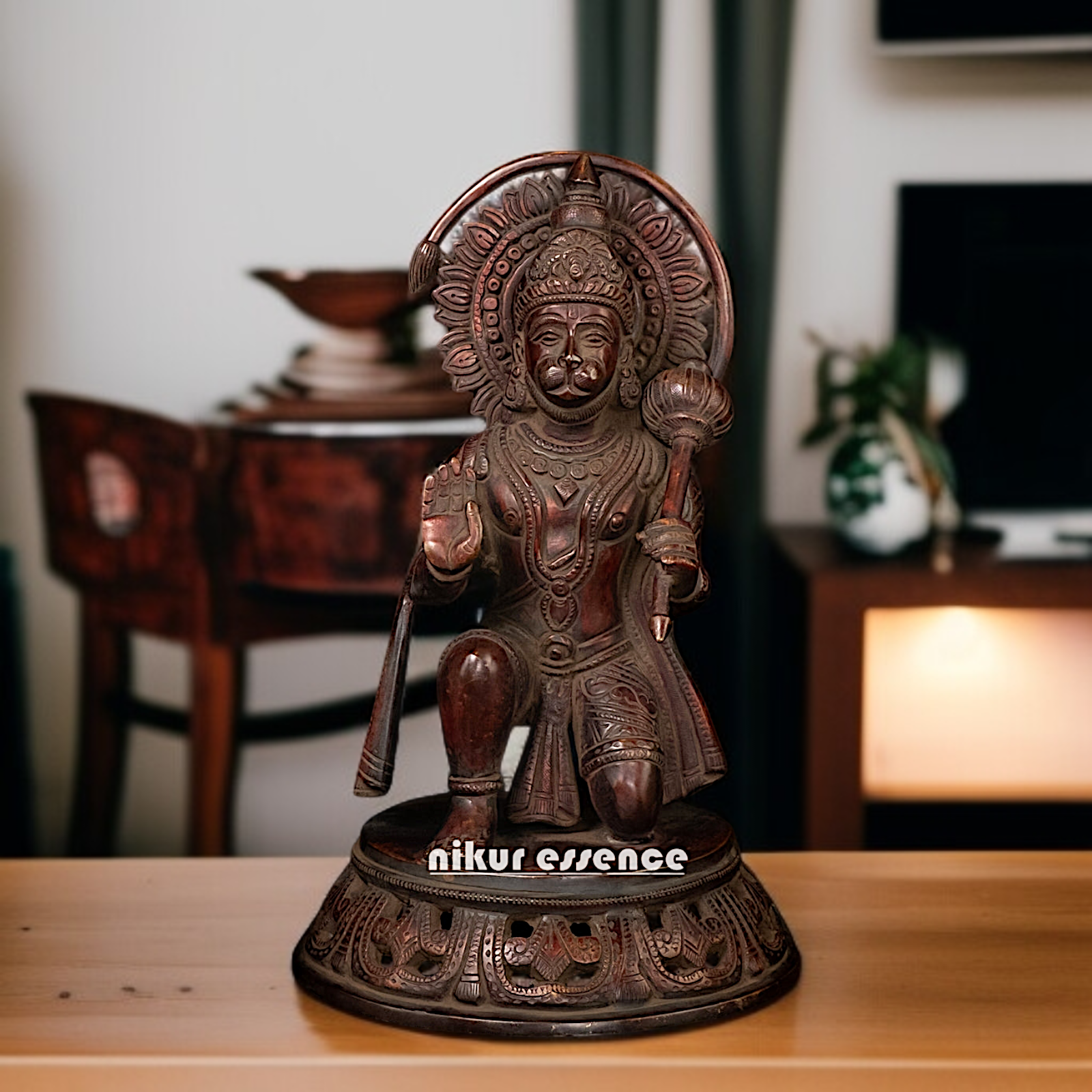 Brass Hanuman ji Sankat Mochan Seated with Blessing and holding Gada - 11 Inches Nikuressence