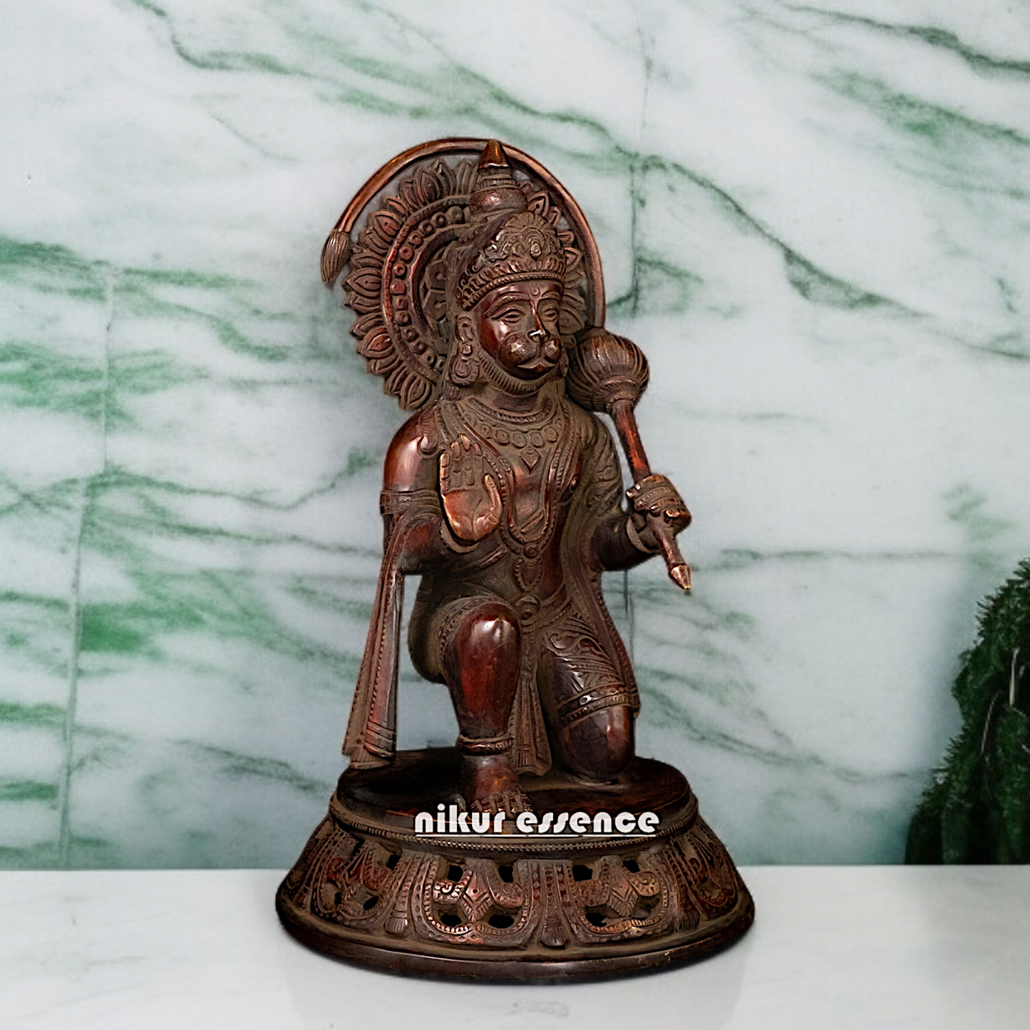 Brass Hanuman ji Sankat Mochan Seated with Blessing and holding Gada - 11 Inches Nikuressence