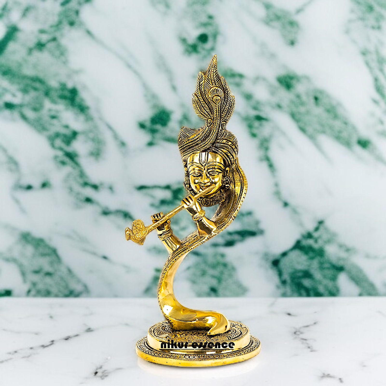 Stylish Krishna face Playing Flute Brass idol - 13 Inches Nikuressence