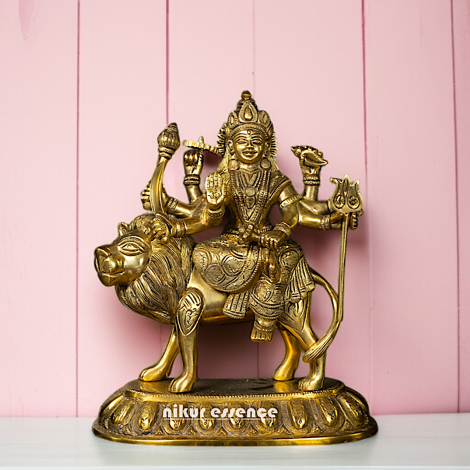 Brass Sherawali Maa Durga Sitting on Lion statue - 8 Inches Nikuressence