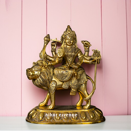 Brass Sherawali Maa Durga Sitting on Lion statue - 8 Inches Nikuressence