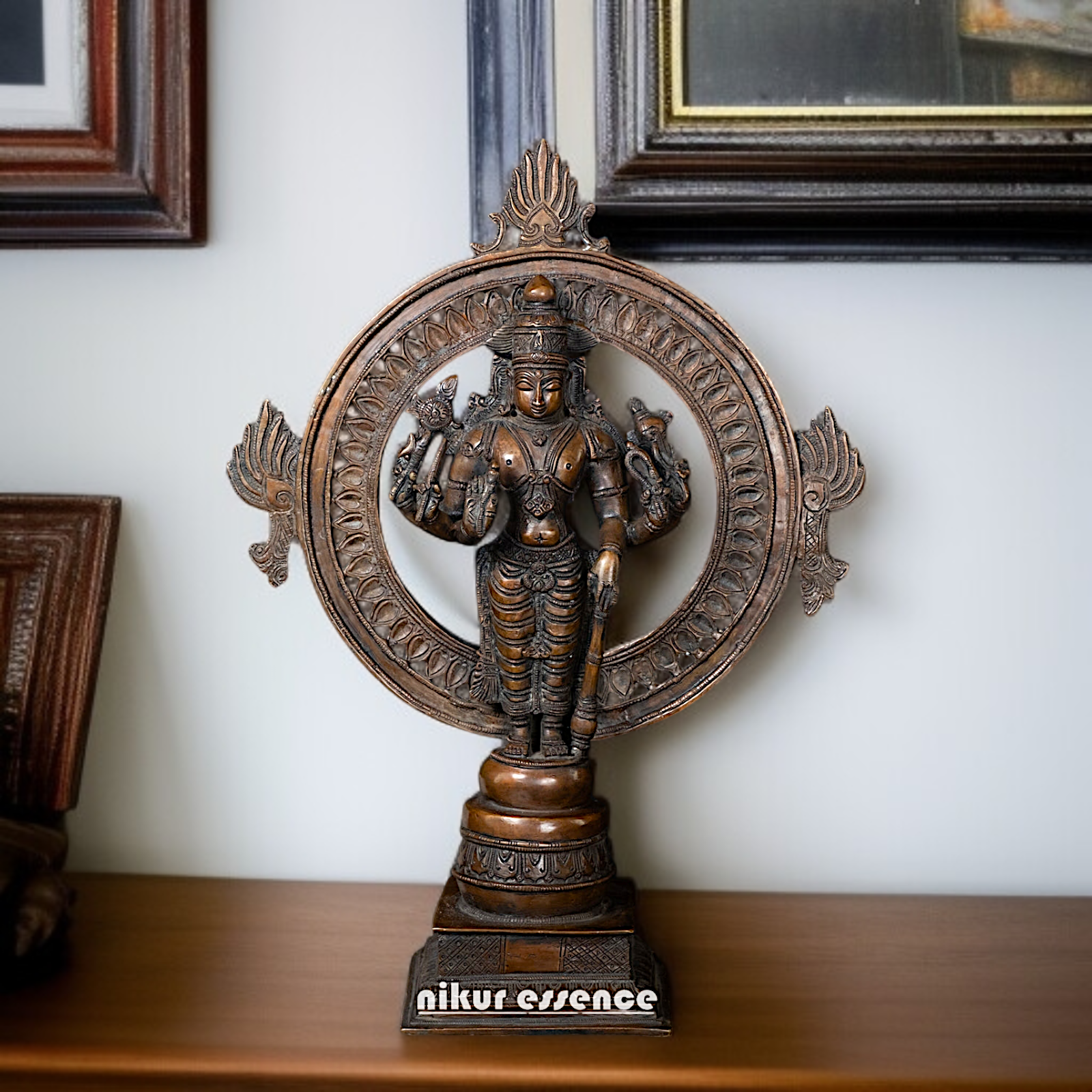 Vishnu sudarshan chakra standing with Blessing Brass four Armed idol - 16 Inches Nikuressence