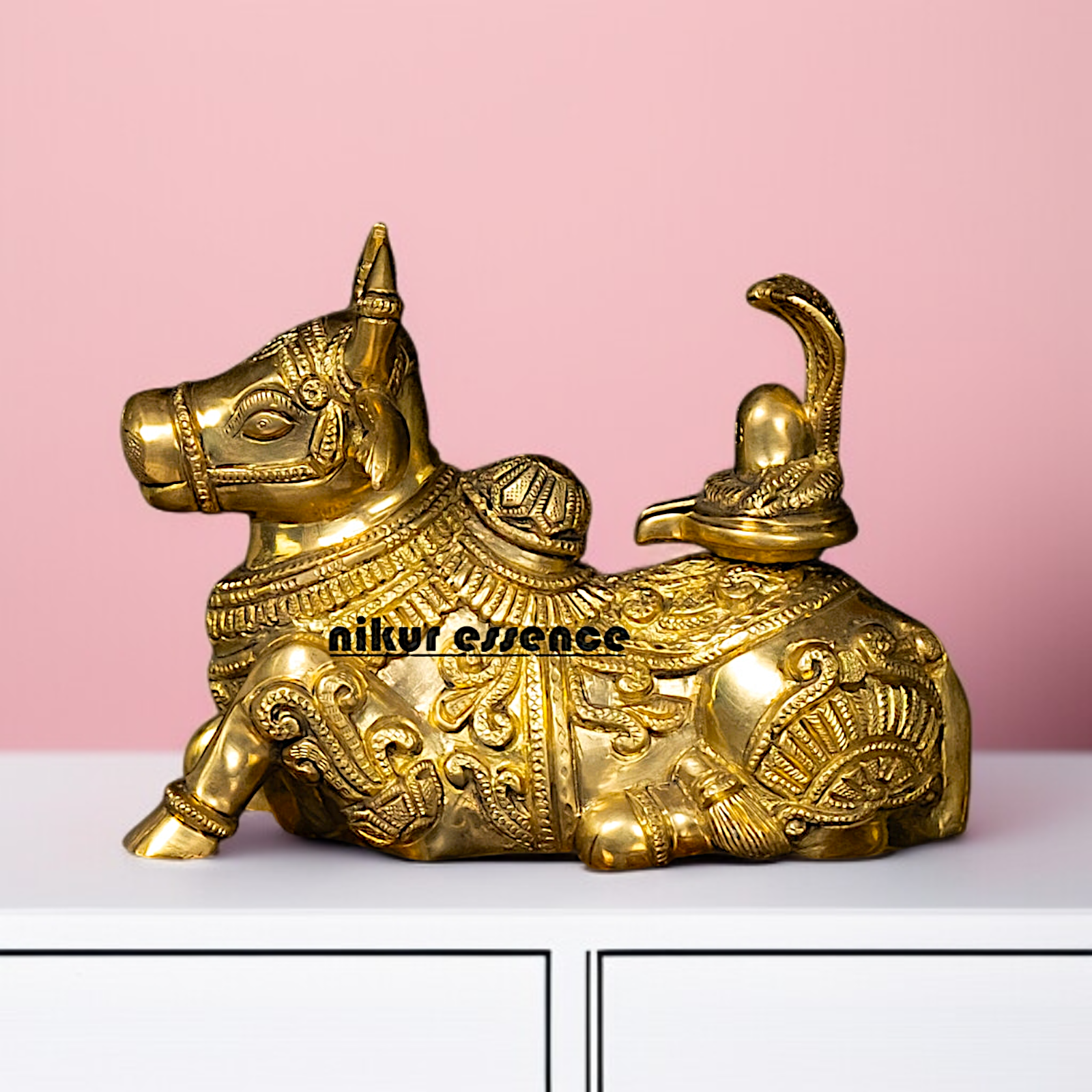 Brass Nandi seated with Shivling statue - 7.5 Inches Nikuressence