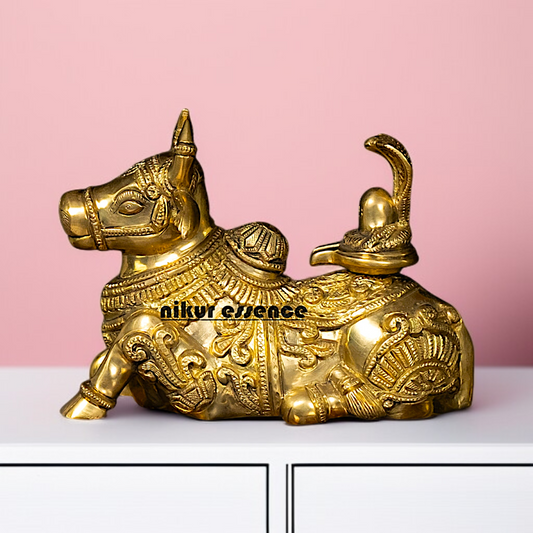 Brass Nandi seated with Shivling statue - 7.5 Inches Nikuressence