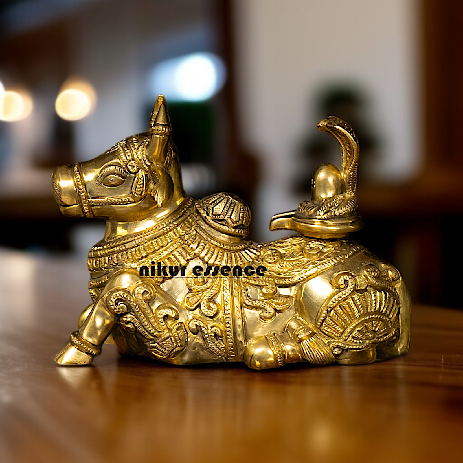 Brass Nandi seated with Shivling statue - 7.5 Inches Nikuressence