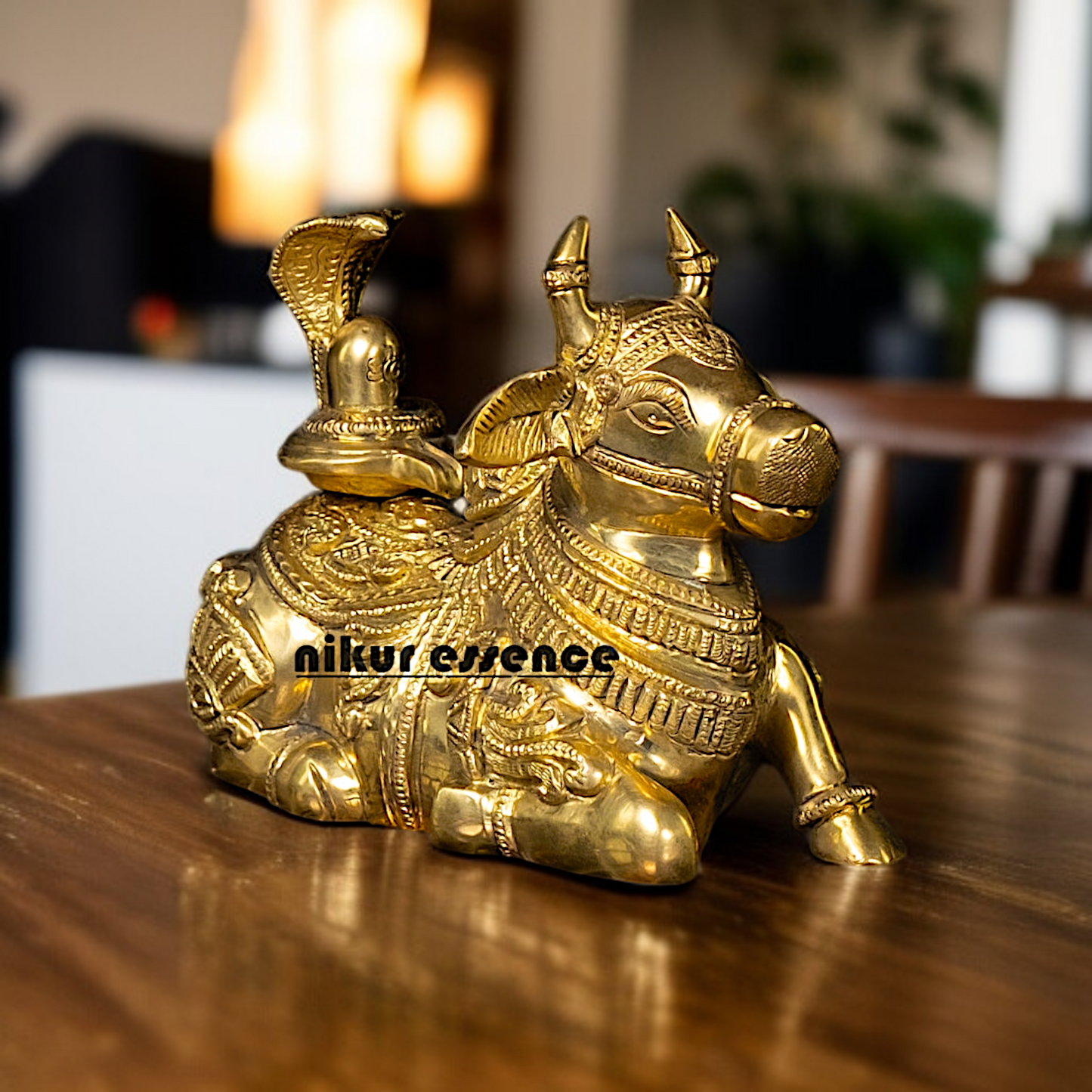 Brass Nandi seated with Shivling statue - 7.5 Inches Nikuressence