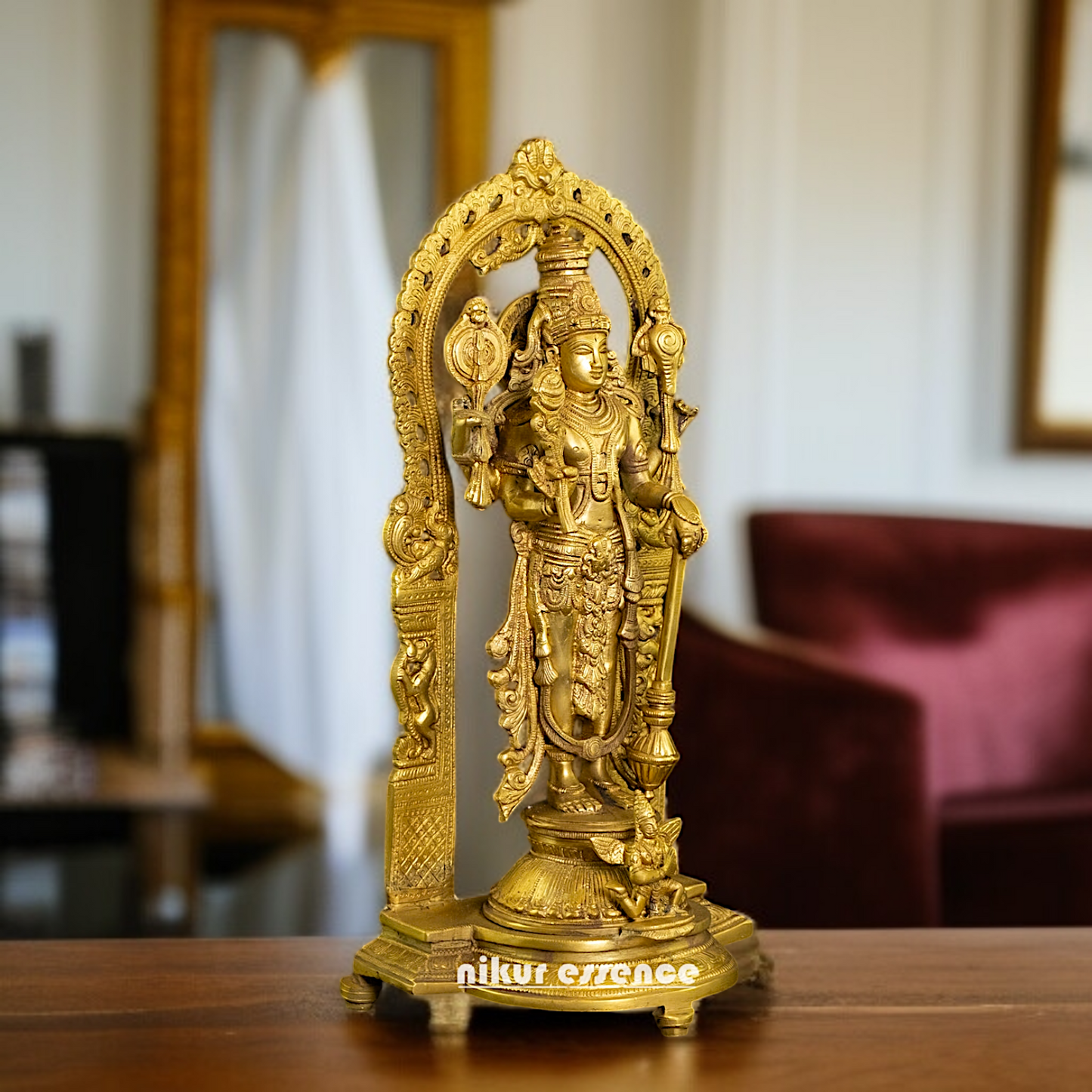 Brass Vishnu Standing with Prabhavali and Four hand - 16 Inches Nikuressence