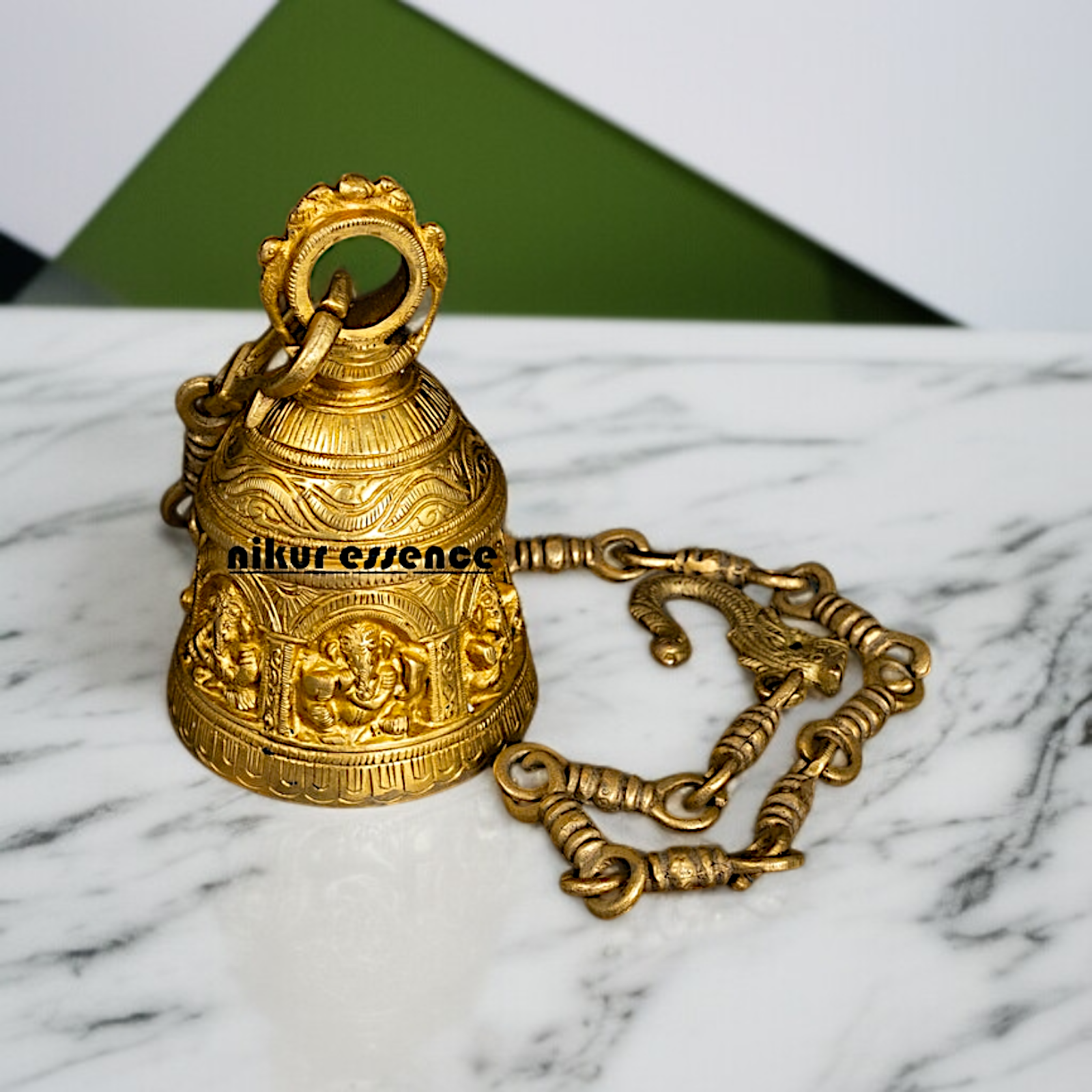 Pure Brass Hanging Bell with Ganesh figure - 32 Inches Nikuressence